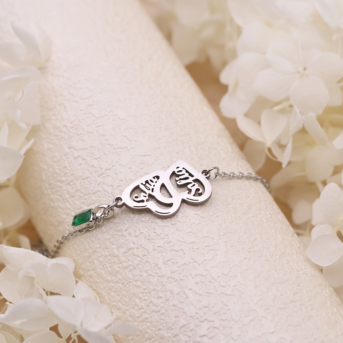 Custom Name Heart Bracelet with Green, Adjustable Stainless Steel Chain